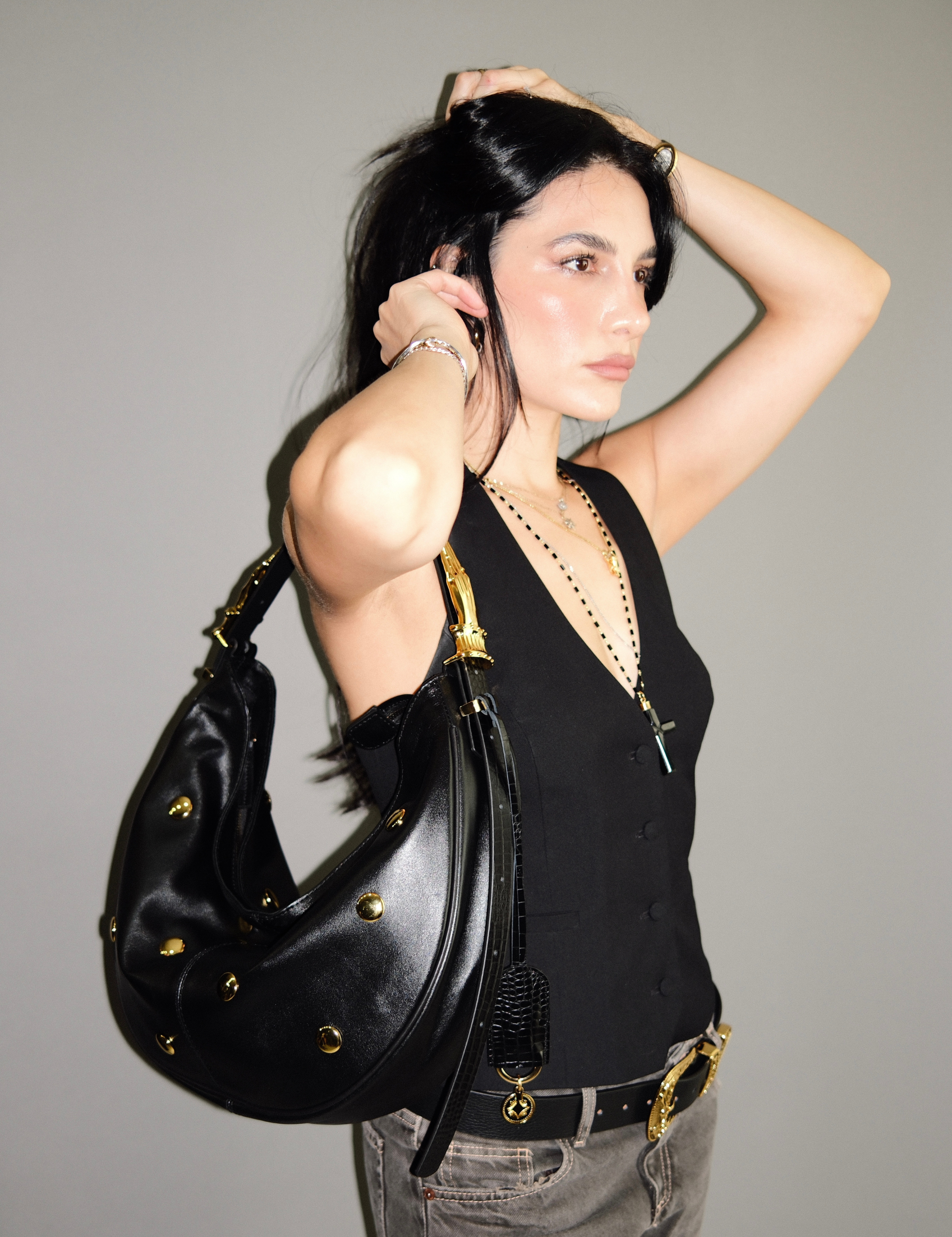 The Maxi Hobo Studded Gilded Lure Bag Black