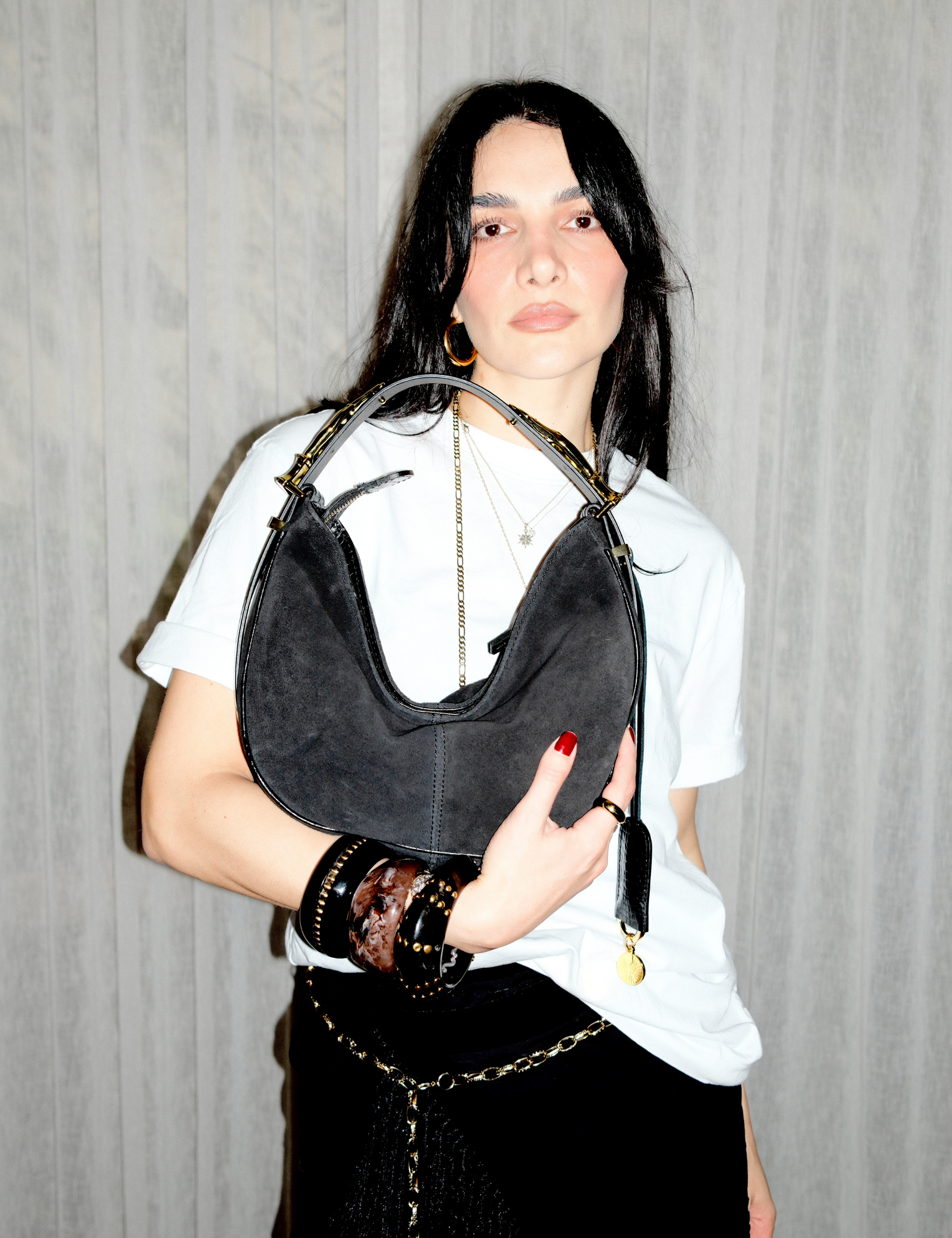 The Midi Hobo Gilded Lure Bag Black Suede