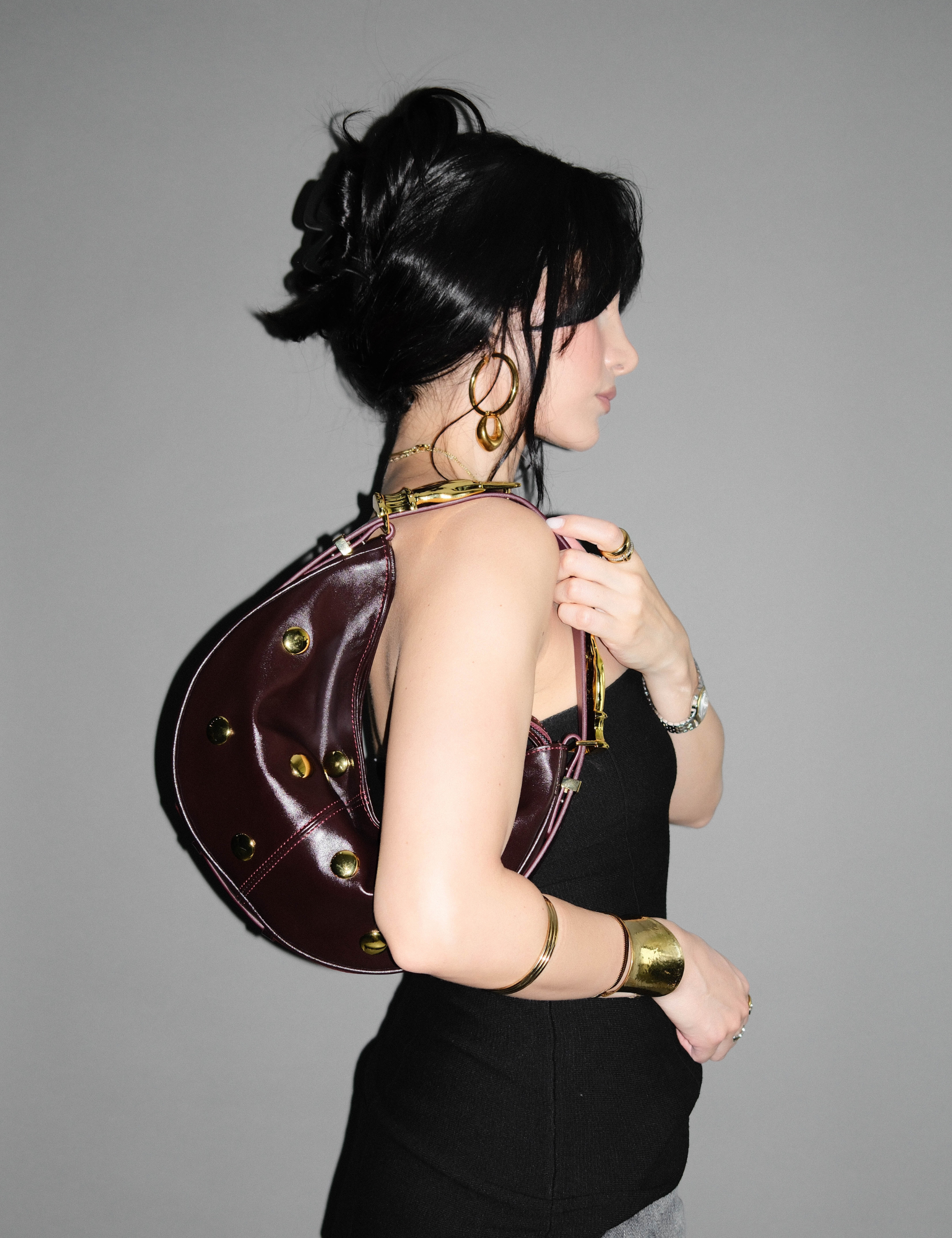 The Midi Hobo Studded Gilded Lure Bag Black Cherry Smooth