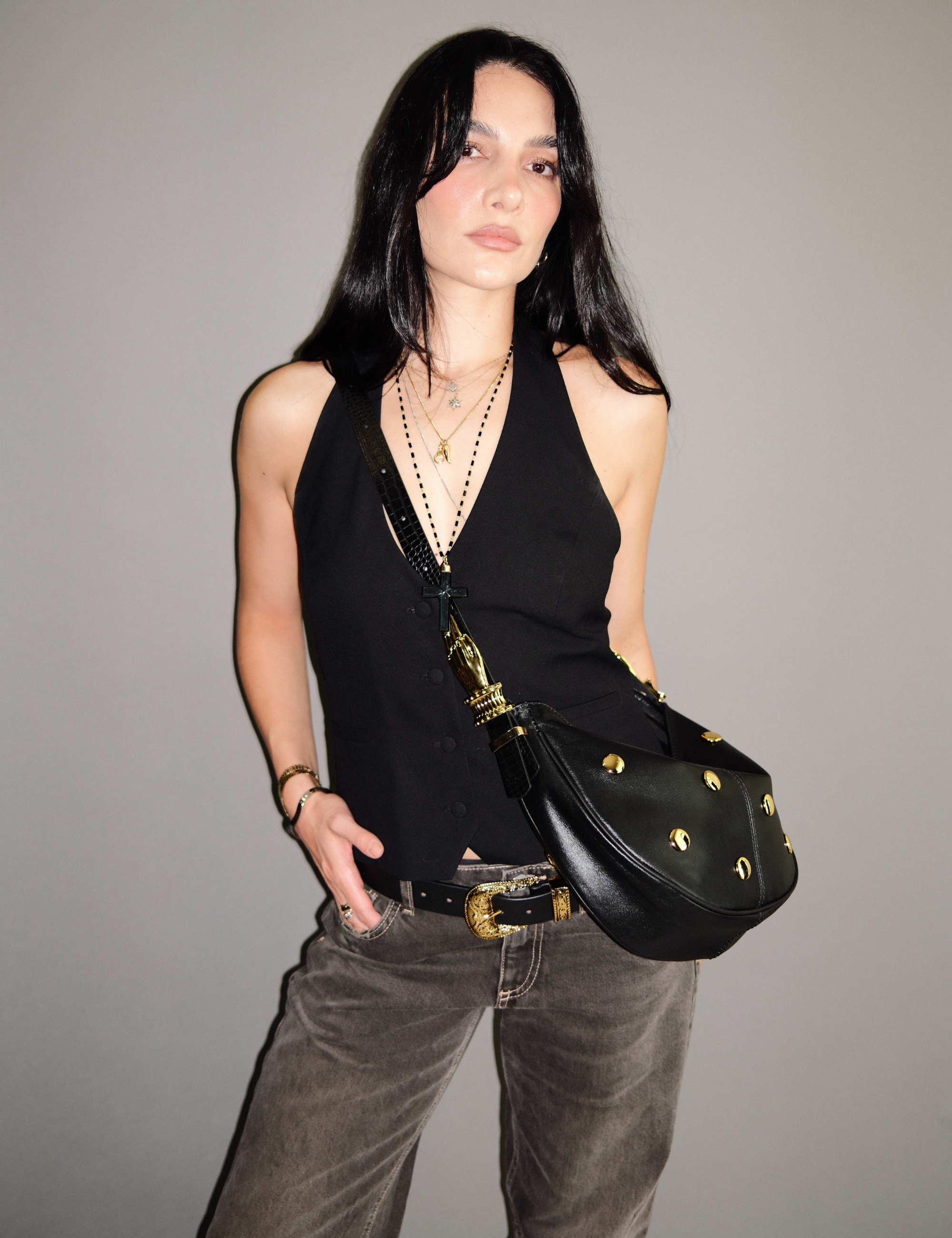 The Midi Hobo Studded Gilded Lure Bag Black
