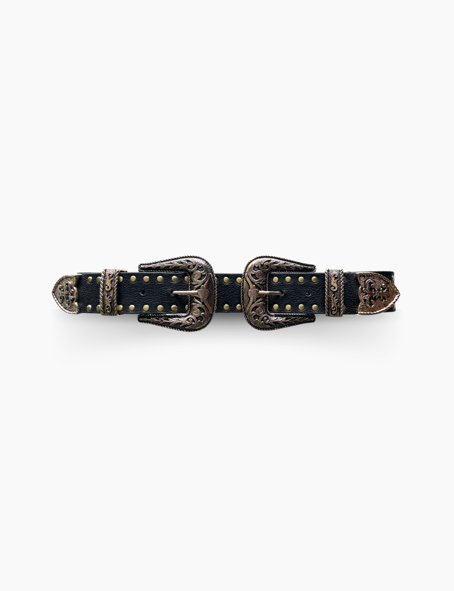 Cinturón Western con doble hebilla y tachuelas negro dorado