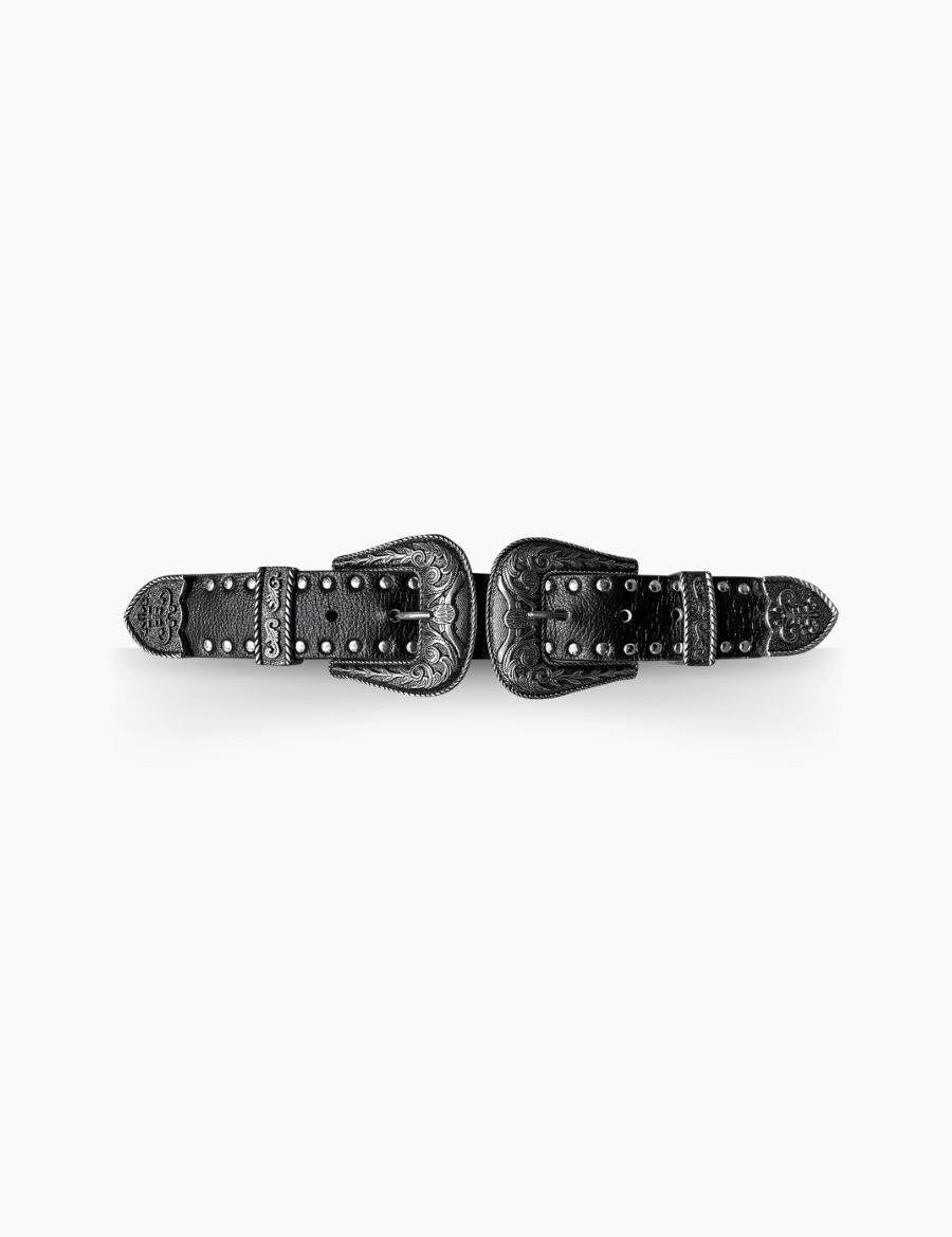 Studded Western double buckle black silver