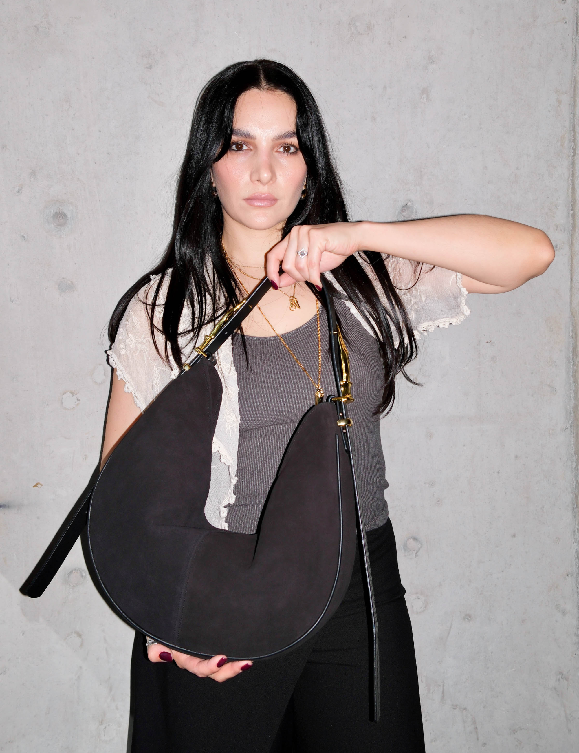 The Maxi Hobo Gilded Lure Bag Black Suede